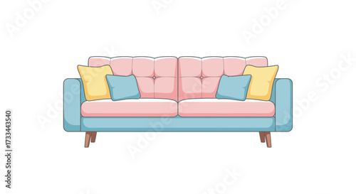 Pastel pink and blue sofa with yellow and light blue cushions, a cozy piece of modern living room furniture illustration.