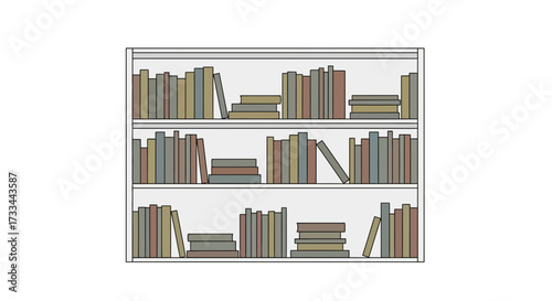 A minimalist illustration of a white bookshelf with three shelves filled with numerous colorful books.