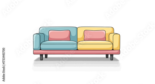 Colorful two-tone sofa illustration with pink cushions, isolated on a white background. Modern home furniture design for interior decoration
