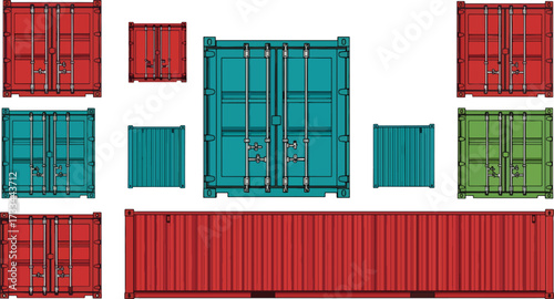 Vibrant illustrative set of diverse cargo containers, essential for international shipping, maritime logistics, and the efficient transportation of goods worldwide