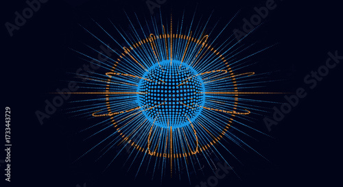 Abstract blue sphere with radiating energy and light pulses on a dark background, a digital representation of science and technology