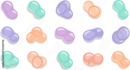 Vibrant assortment of smooth, glossy, abstract organic forms in soft pastel colors. A collection of colorful blob shapes for graphic design
