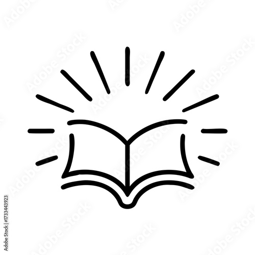 A black outline icon of an open book with radiant light (sun) above it. Perfect for websites or blogs about education, knowledge, learning, or inspiration.

