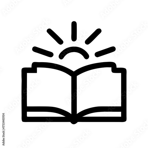 A black outline icon of an open book with radiant light (sun) above it. Perfect for websites or blogs about education, knowledge, learning, or inspiration.

