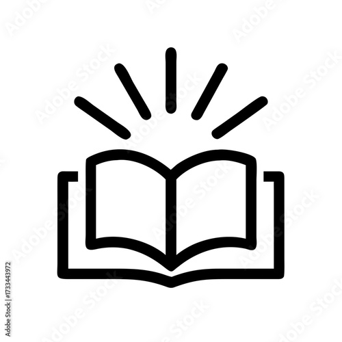 A black outline icon of an open book with radiant light (sun) above it. Perfect for websites or blogs about education, knowledge, learning, or inspiration.

