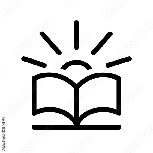 A black outline icon of an open book with radiant light (sun) above it. Perfect for websites or blogs about education, knowledge, learning, or inspiration.


