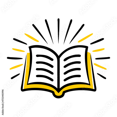 A sketchy icon of an open book with radiating light lines, accented with yellow. Excellent for websites or blogs about education, knowledge, reading, learning, literature, or discovery.

