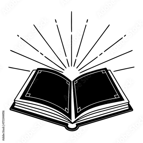 A black and white icon of an open book shining with sunlight rays. Excellent for websites or blogs about education, literature, religion, or knowledge.

