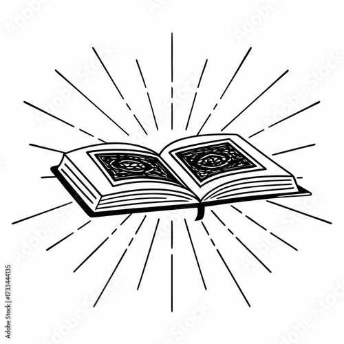 open book radiating light, symbolizing knowledge, wisdom, and spiritual guidance. Ideal for educational blogs, religious content, or inspirational designs.