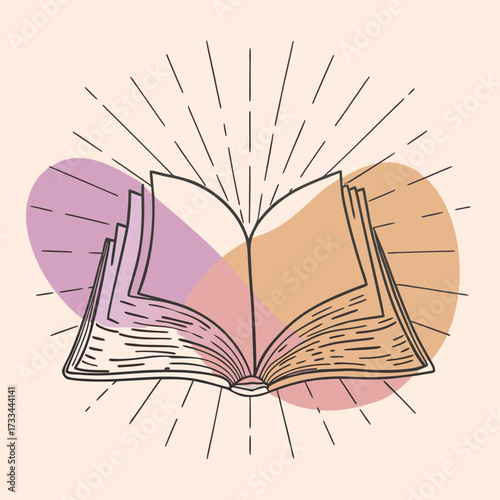 An open book emitting rays of light and surrounded by abstract shapes, ideal for blogs on learning, knowledge, storytelling, education, wisdom, reading, creative writing, or inspiration.