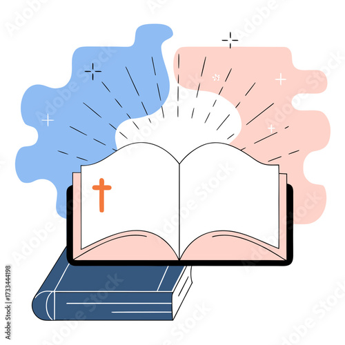 An open Bible icon with a cross, light rays, and abstract shapes, symbolizing faith and spirituality. Ideal for blogs on religion, church, or Christian themes.