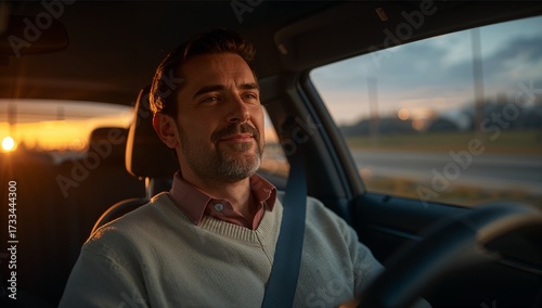 Man driving car smiling inside vehicle at sunset time