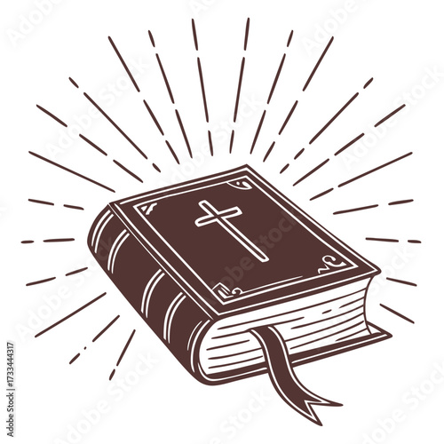 This vintage, woodcut-style icon of a glowing Bible is perfect for websites and blogs for religious organizations, spiritual content, faith-based topics, and education.

