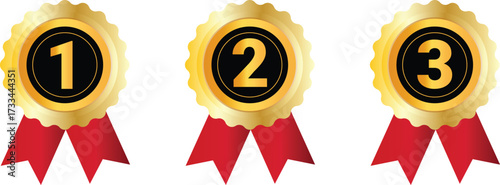 Golden Medals with Red Ribbons for First, Second, Third Place