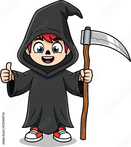Cartoon Grim Reaper, smiling character, black cloak, red hair, scythe pose, thumbs up, funny death figure, vector art, white background
