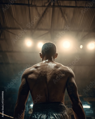 Muscular man, back view, boxing arena