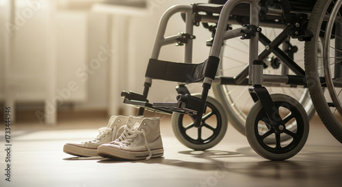 A pair of white sneakers rests on a wooden floor next to an empty wheelchair in a sunlit room.