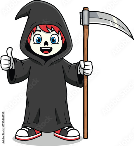 Cartoon Grim Reaper, smiling character, black hooded robe, red hair, scythe pose, thumbs up, sneakers, vector art, white background