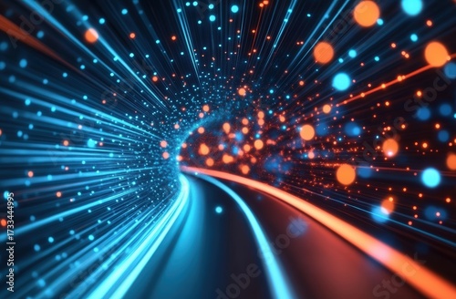 A vibrant, abstract representation of light trails and particles moving rapidly, creating a sense of speed and energy in a digital tunnel.