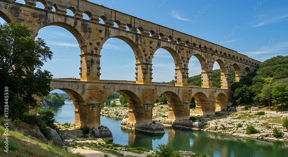 Fototapeta premium Ancient roman aqueduct spanning river under clear blue sky