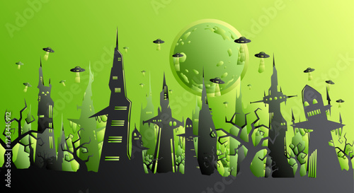 A swarm of UFOs patrols a sinister, silhouetted alien cityscape of jagged spires under the eerie glow of a toxic green sky.