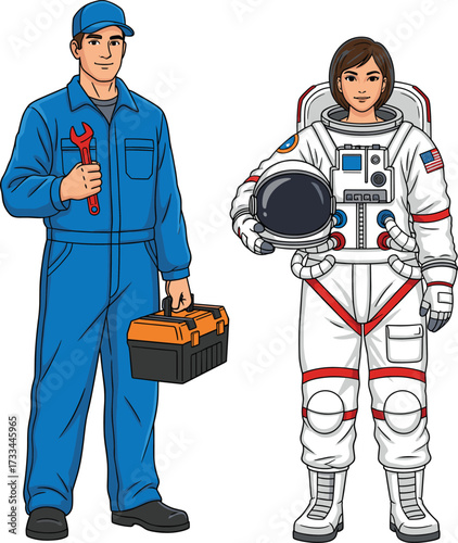Cartoon illustration of professional mechanic holding toolbox with wrench, standing beside astronaut in spacesuit, teamwork, space exploration, repair, engineering