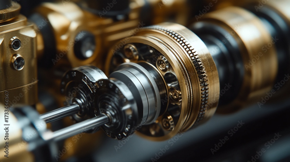 Naklejka premium Gold gears machine close-up, industrial detail