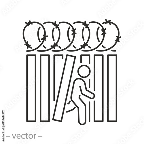 illegal border crossing icon, illegal immigrant, hole in fence on border nations, thin line symbol on white background - editable stroke vector illustration eps 10