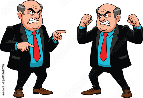 Cartoon illustration of two angry businessmen in black suits arguing, pointing fingers, raising fists, furious expressions, conflict, stress, business fight