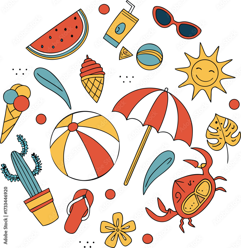 Naklejka premium A Cheerful Celebration of Summer Joy A Whimsical Collection of Icons Representing Sunshine Beach Fun and Vacation Vibes