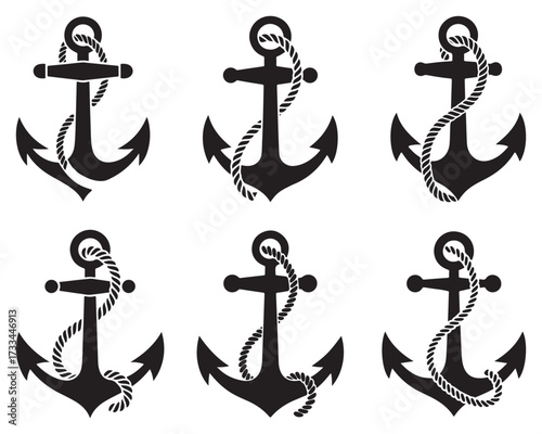 Six different styles of black anchor vector design with rope details