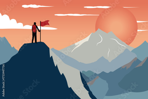A man on the top of mountain with flag. Mountain landscape with sunrise or sunset. Glacier under mountain. Flag is flying on mountain. Poster, banner of hill area. Vector illustration of nature.