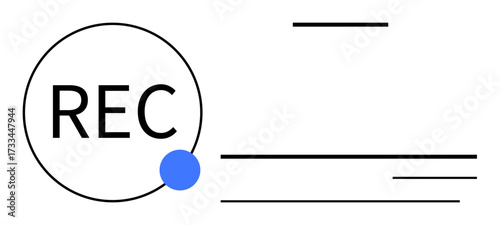 Circle labeled REC with blue dot and horizontal lines. Minimalist design suggesting media, recording, or communication. Ideal for technology, media, simplicity, audio, broadcasting focus creative