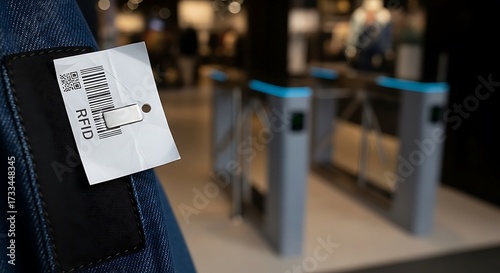 RFID Anti-Theft Security Tag on Clothing in a Retail Store.