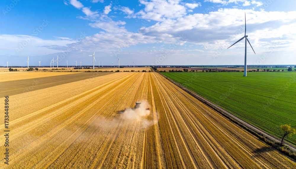 Fototapeta premium Aerial view fields of gold and green meet, wind turbines on the horizon