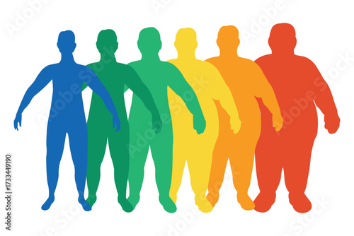 Body transformation showing weight gain progression in colorful silhouettes.