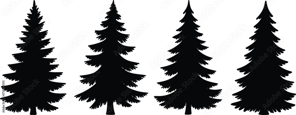 Fototapeta premium Evergreen tree silhouette set, conifer forest icons, fir spruce pine shapes, nature outline graphic, CAD drawing flat vector illustration