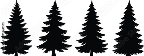 Evergreen tree silhouette set, conifer forest icons, fir spruce pine shapes, nature outline graphic, CAD drawing flat vector illustration