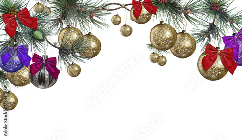 Golden christmas balls fir branches festive background illustration