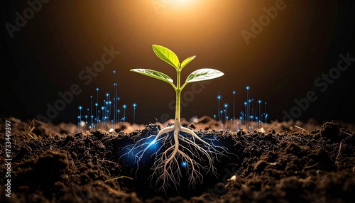 Sprout emerging from soil with glowing roots and digital network lights