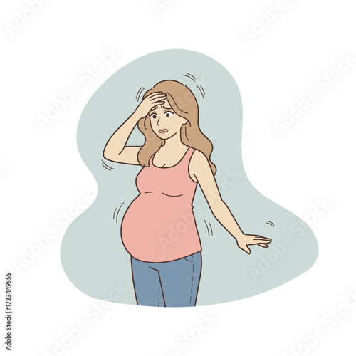 Pregnant woman feeling dizzy holding her head maternity health risk vector illustration