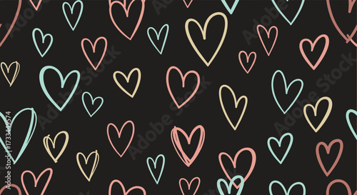 A playful pattern of hand-drawn hearts in pastel colors on a dark background.