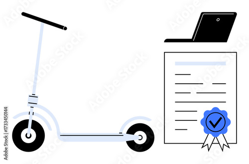 Electric scooter beside approved document with blue seal and laptop. Ideal for mobility, certification, safety, technology, innovation, urban transport, eco-friendliness. Simple flat metaphor