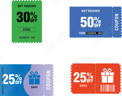Assorted discount coupons offering savings percentages for promotional marketing use.