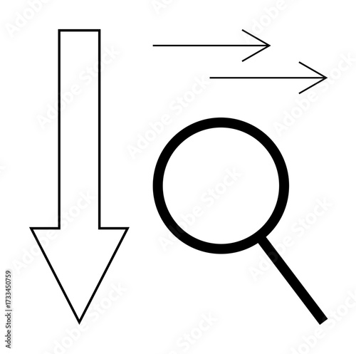 Downward arrow, magnifying glass, and two directional arrows represent analysis, focus, movement, or decision-making. Ideal for data analysis, search, evaluation strategy navigation inquiry