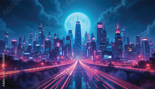 Vector skyline with neon lights, cyberpunk mood, layered perspective.. Ai Generate 