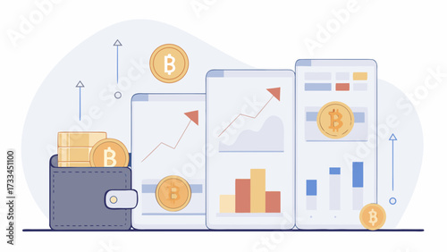 Bitcoin growth shown on phone screens with wallet and coins indicating financial increase and investment on transparent background silhouette