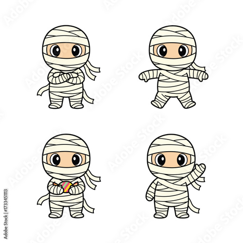 Four cute cartoon mummy characters in various poses, wrapped in bandages, suitable for Halloween or fun designs.