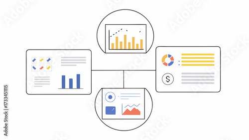 Diagram showing connected dashboards with bar charts line graphs and pie charts for data visualization on transparent background silhouette