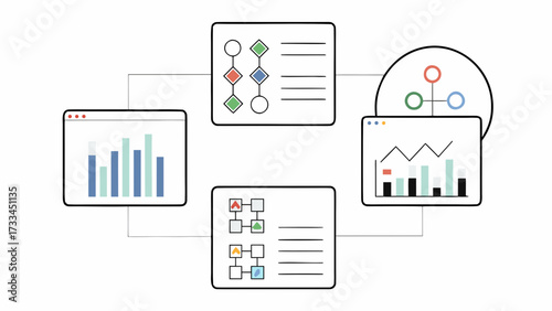 Illustration of connected data visualization dashboards displaying charts and workflow diagrams online data flow on transparent background silhouette